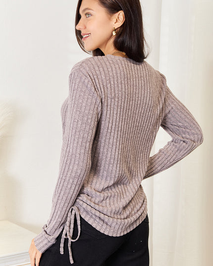 Double Take Drawstring Ribbed Long Sleeve T-Shirt