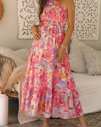 Floral Print Shirred One Shoulder Maxi Dress