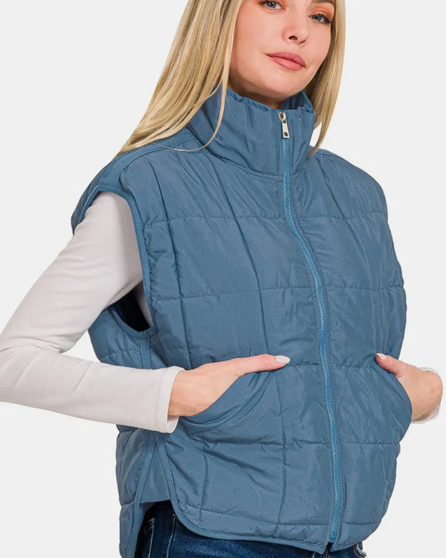 Zenana Zip Up Cropped Puffer Vest with Pockets