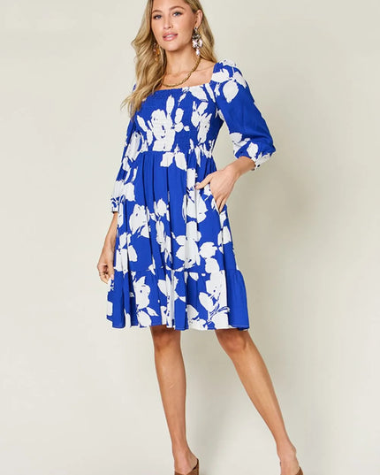 Double Take Full Size Floral Ruffle Hem Smocked Dress with Pockets