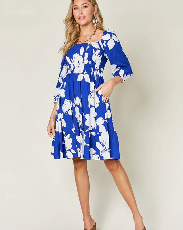 Double Take Full Size Floral Ruffle Hem Smocked Dress with Pockets
