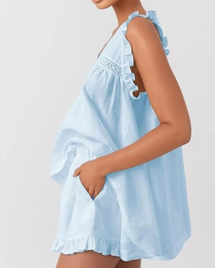 Ruffled V-Neck Top and Shorts Set