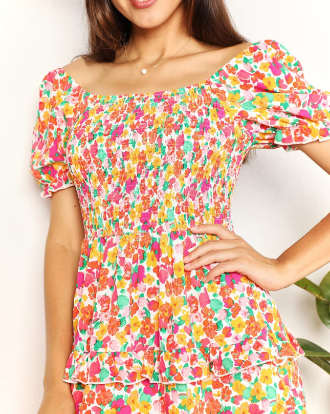 Devine Smocked Sweetheart Neck Flounce Sleeve Mini Dress