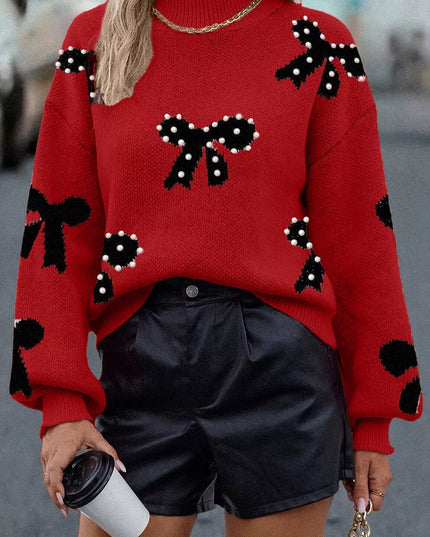 Round Neck Bow Pattern Pearl-Embellished Sweater Rust