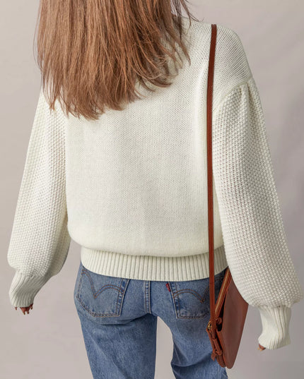 Flower Detail Round Neck Contrast Textured Puff Sleeve Sweater
