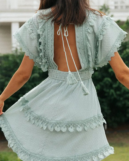 Lace Detail Plunge Short Sleeve Mini Dress