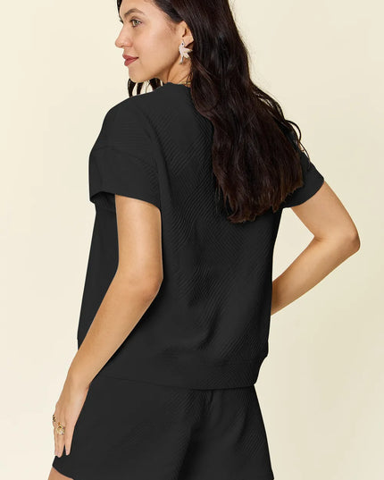 Double Take Full Size Texture Short Sleeve T-Shirt and Drawstring Shorts Set 