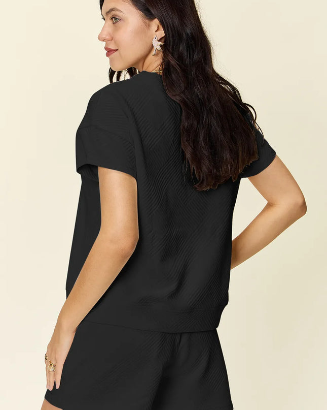 Double Take Full Size Texture Short Sleeve T-Shirt and Drawstring Shorts Set 
