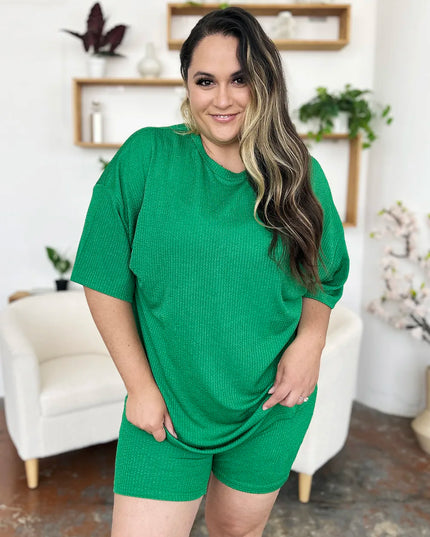 Double Take Full Size Texture Round Neck Drop Shoulder T-Shirt and Shorts Set 