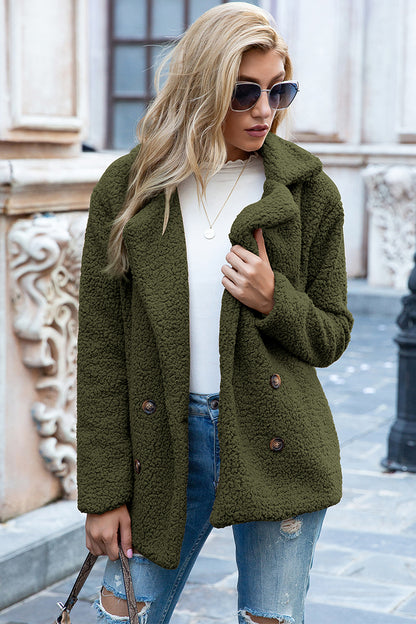 Ivy Lane Full Size Lapel Collar Sherpa Coat Army Green