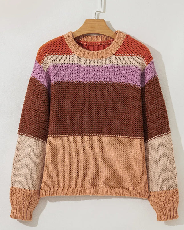 Colorblock Striped Round Neck Sweater