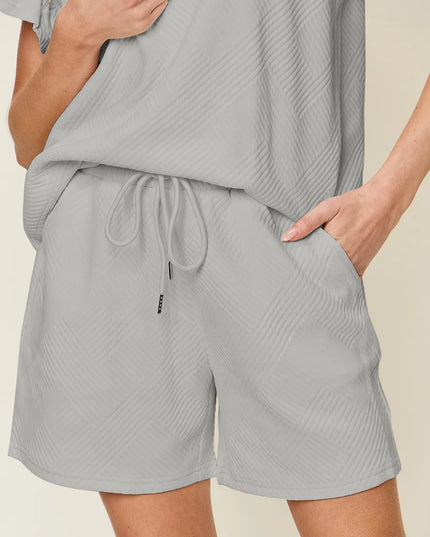 Double Take Full Size Texture Flounce Sleeve Top and Drawstring Shorts Set