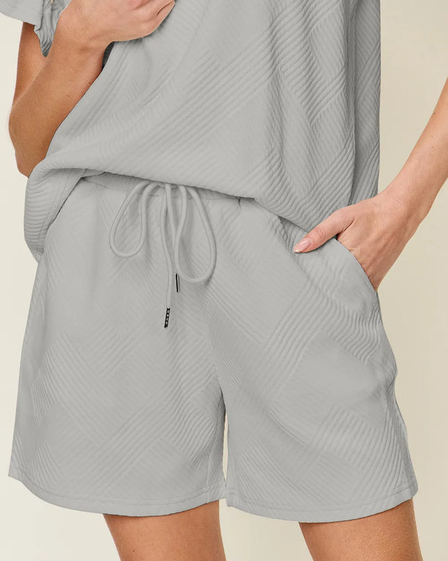 Double Take Full Size Texture Flounce Sleeve Top and Drawstring Shorts Set