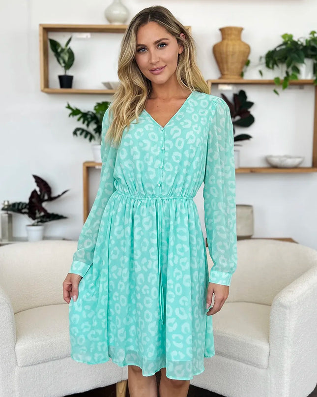 Double Take Full Size Printed Ruched V-Neck Long Sleeve Dress