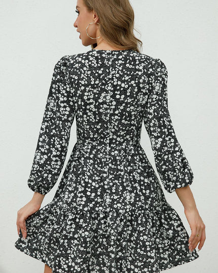 Printed Plunge Neck Flounce Sleeve Mini Dress