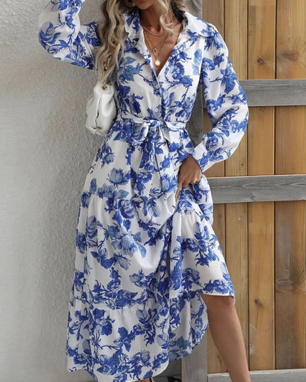 Printed Long Sleeve Shirt Dress Light Blue