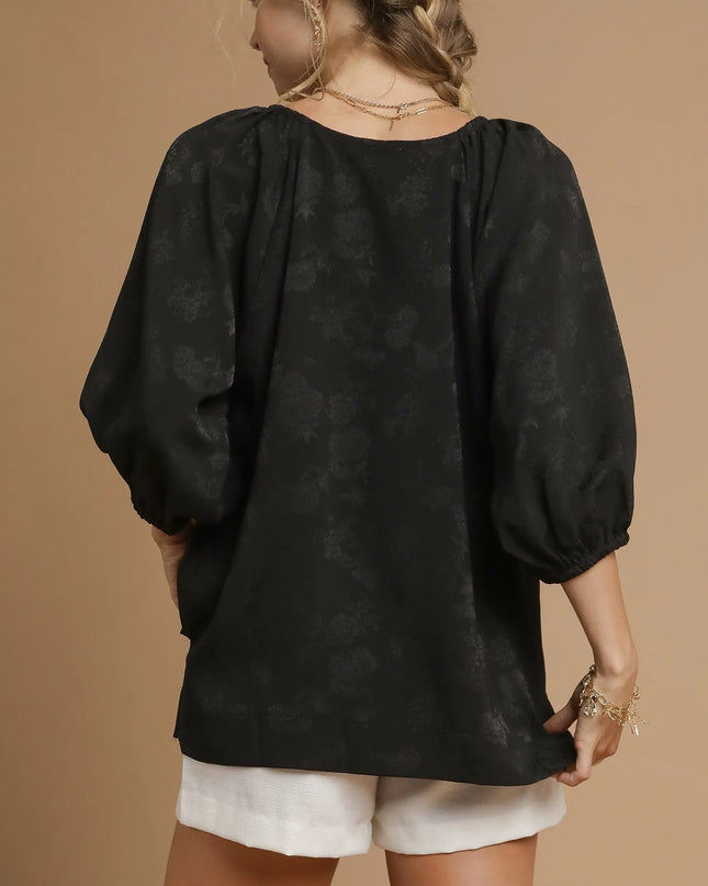 Umgee Satin Jacquard Balloon Sleeve Blouse