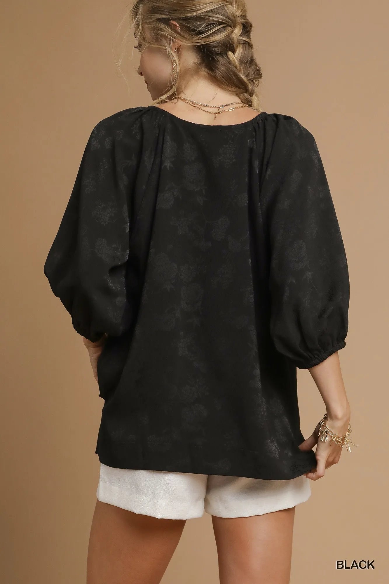 Umgee Satin Jacquard Balloon Sleeve Blouse