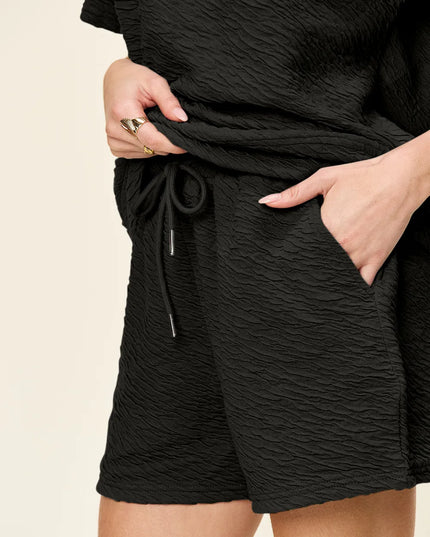Double Take Full Size Texture Short Sleeve T-Shirt and Drawstring Shorts Set