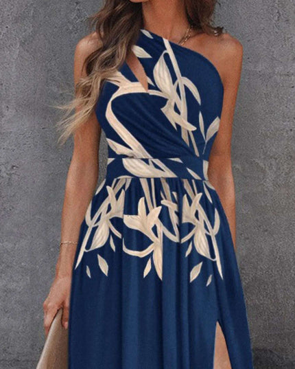 Split Single Shoulder Printed Maxi Dress