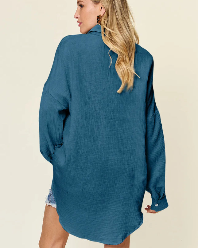 Double Take Full Size Pocketed Texture Button Up Shirt