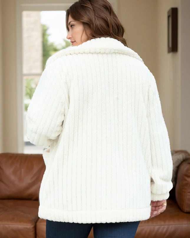 Plus Size Collared Neck Button Down Fuzzy Outerwear