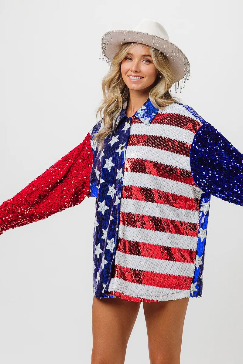 BiBi Velvet Sequin American Flag Shirt