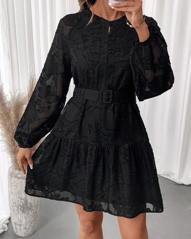 Button-Front Balloon Sleeve Mini Dress