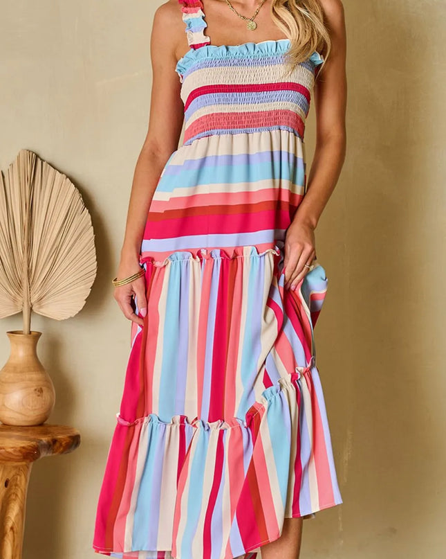 Contrast Stripe Wide Strap Smocked Tiered Dress