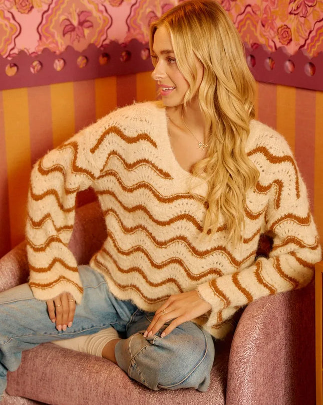 BiBi Wavy Stripes V-Neck Cropped Sweater