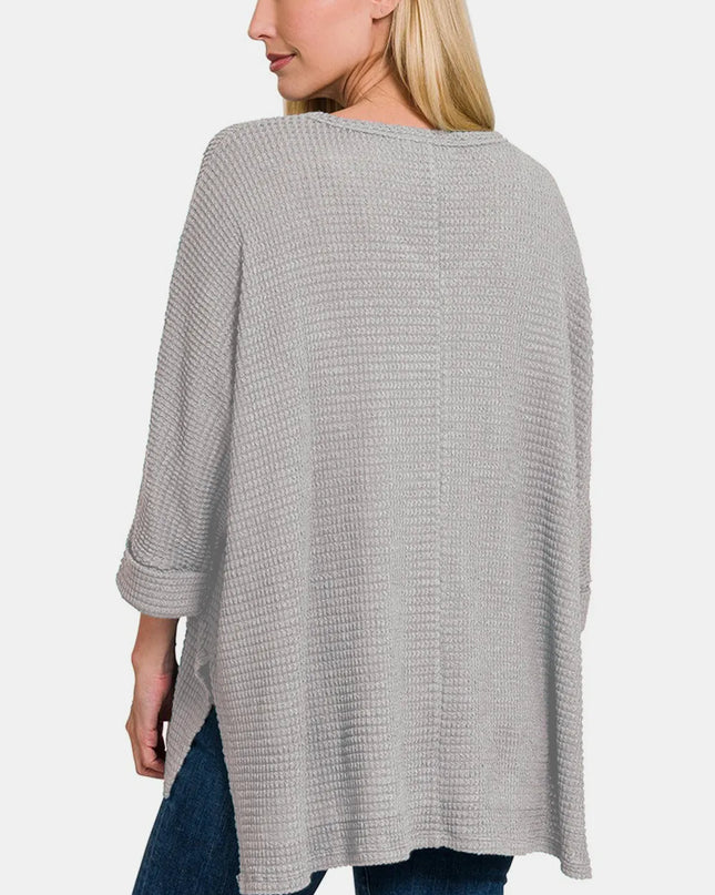 Zenana Waffle Knit V-Neck Long Sleeve Slit Top