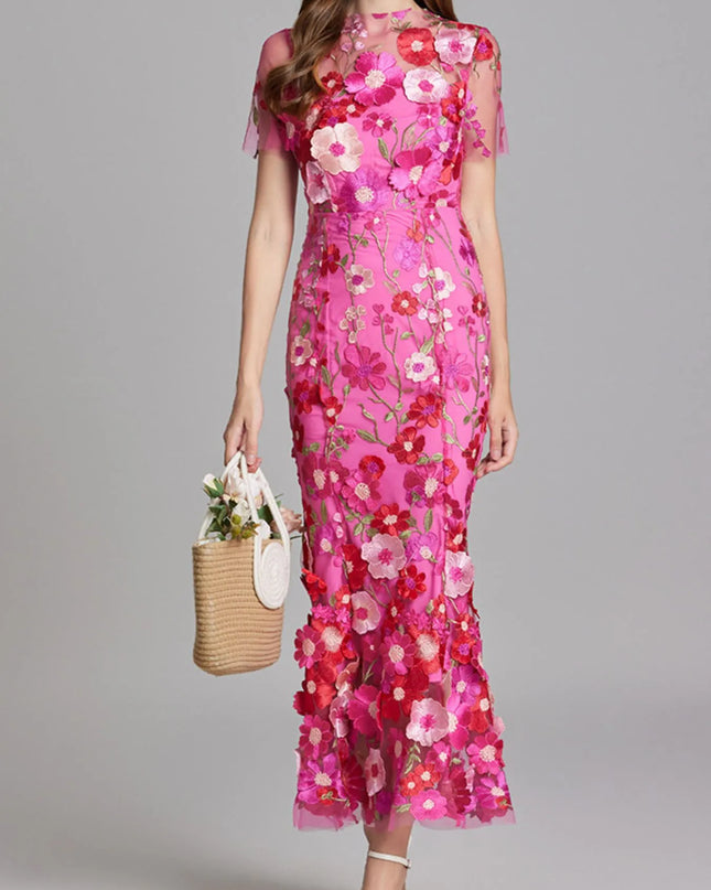 Floral Embroidered Mesh Overlay Maxi Dress