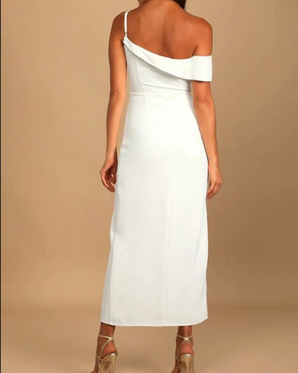 Split Asymmetrical Neck Midi Dress
