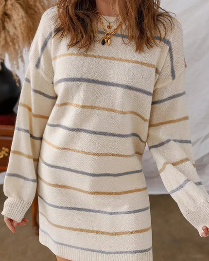 Striped Dropped Shoulder Oversized Sweater Dress Beige
