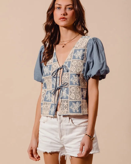 SO ME Crochet Lace Tie Front V Neck Blouse Top