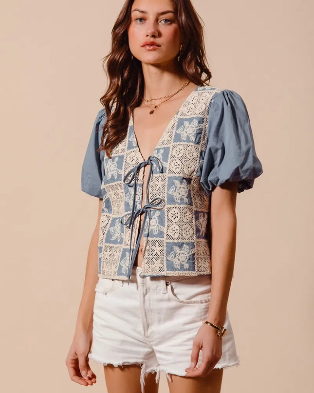 SO ME Crochet Lace Tie Front V Neck Blouse Top