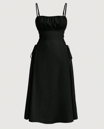 Ruched Midi Cami Dress with Side Tie Details Black