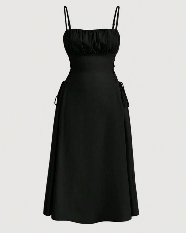 Ruched Midi Cami Dress with Side Tie Details Black