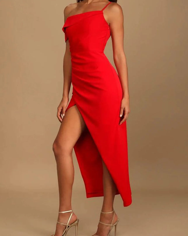 Split Asymmetrical Neck Midi Dress Scarlet