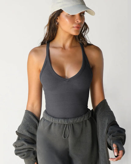 Ribbed V-Neck Halter Tank Top 