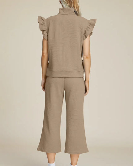 Double Take Full Size Texture Ruffle Short Sleeve Top and Wide Leg Pants Set