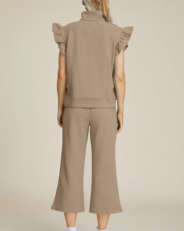 Double Take Full Size Texture Ruffle Short Sleeve Top and Wide Leg Pants Set