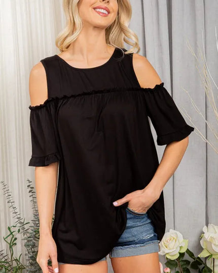 Heimish Full Size Frill Round Neck Cold Shoulder T-Shirt Plus Size