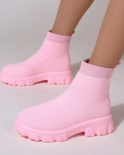 Mesh Round Toe Platform Boots Pink