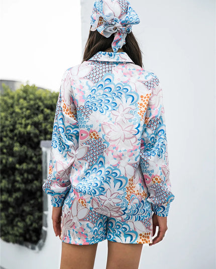 Printed Button Up Long Sleeve Shirt and Shorts Set