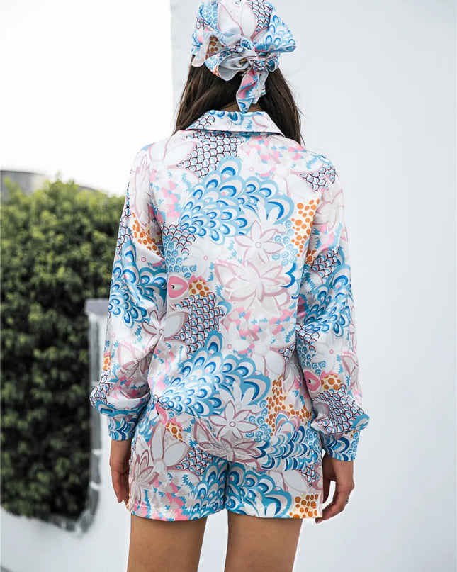 Printed Button Up Long Sleeve Shirt and Shorts Set