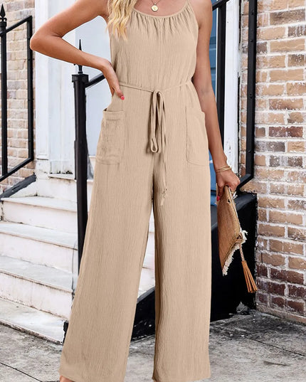 Spaghetti Strap Waist Tie Wide Leg Jumpsuit with Pockets Khaki