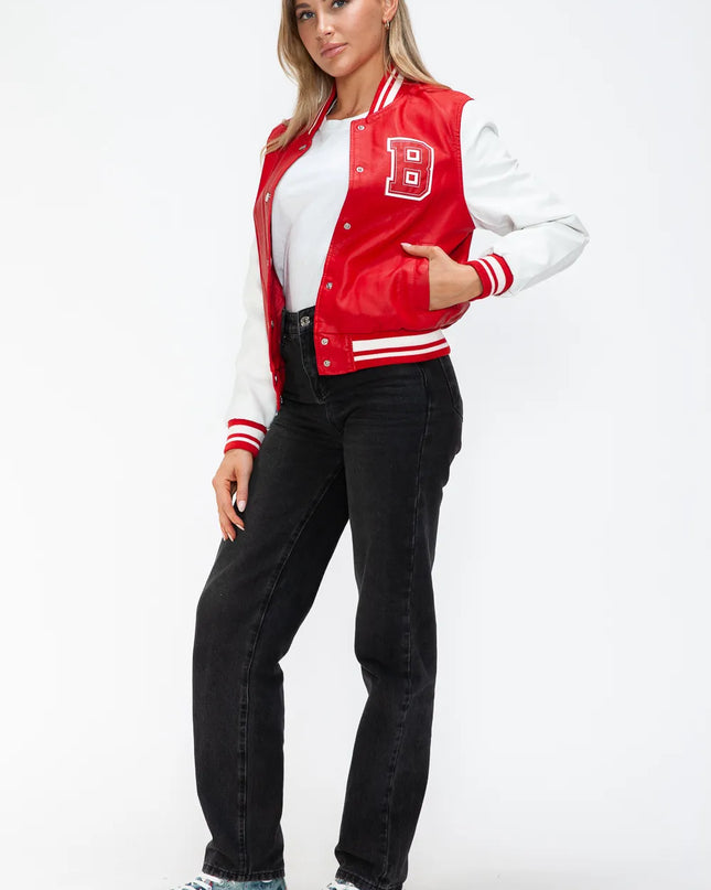 Love Me Now PU Leather Contrast Snap Down Bomber Jacket