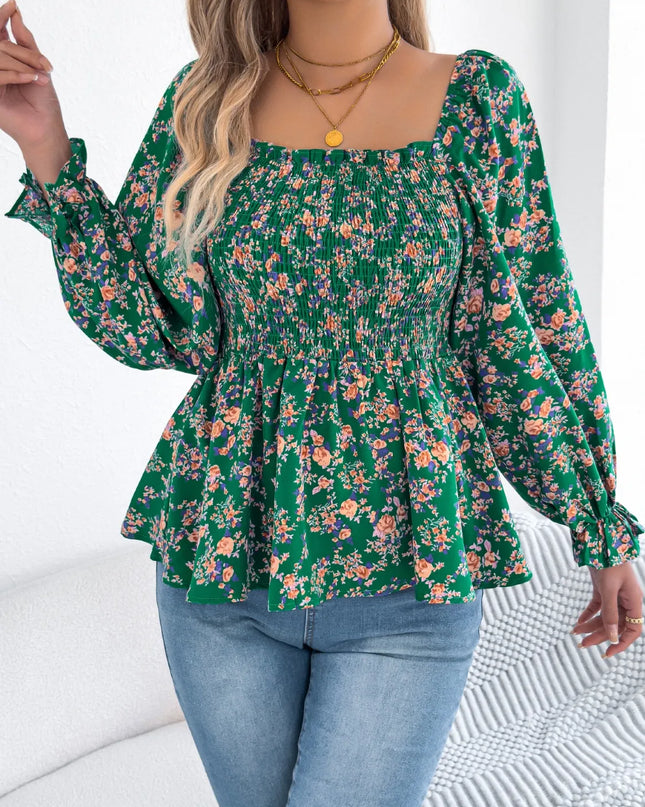 Floral Square Neck Flounce Sleeve Blouse 