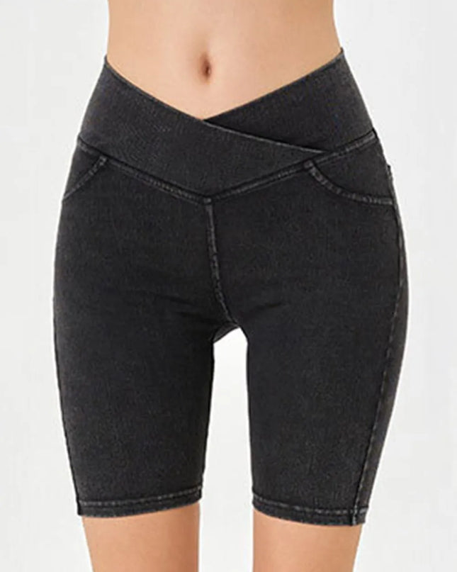 Basic Bae Asymmetrical Waist Denim Shorts with Pockets